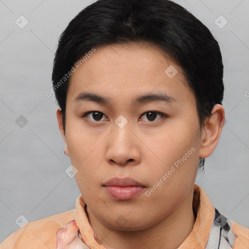 Neutral asian young-adult female with short  black hair and brown eyes