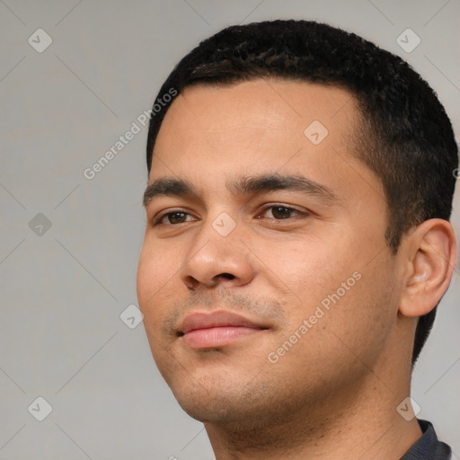 Neutral white young-adult male with short  black hair and brown eyes