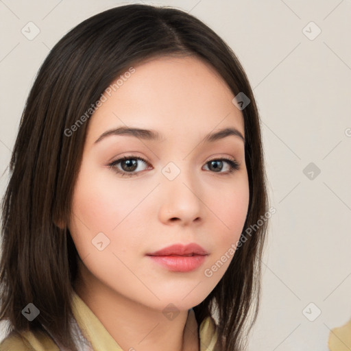 Neutral white young-adult female with long  brown hair and brown eyes