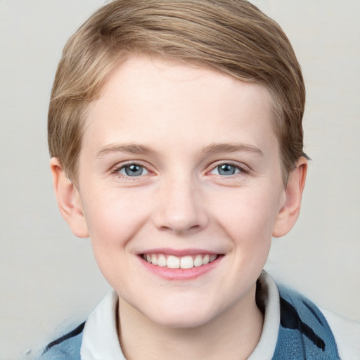 Joyful white young-adult female with short  brown hair and blue eyes