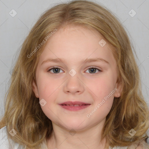 Joyful white child female with medium  brown hair and brown eyes