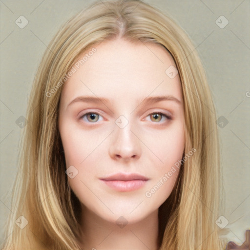 Neutral white young-adult female with long  brown hair and blue eyes