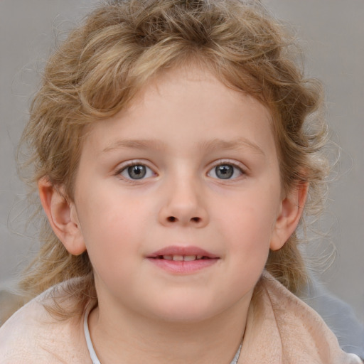 Joyful white child female with medium  brown hair and blue eyes