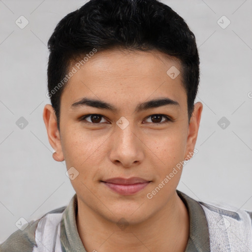 Joyful asian young-adult male with short  brown hair and brown eyes