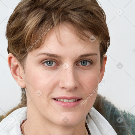 Joyful white young-adult female with short  brown hair and blue eyes