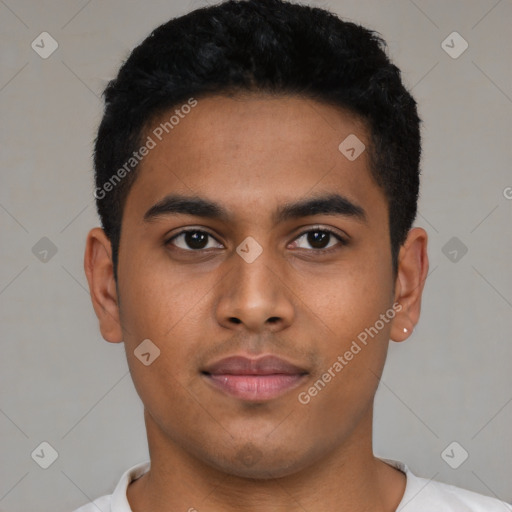 Neutral latino young-adult male with short  black hair and brown eyes