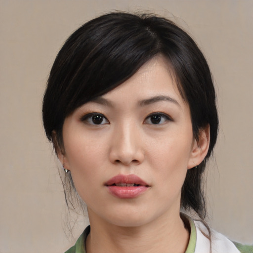 Neutral asian young-adult female with medium  black hair and brown eyes