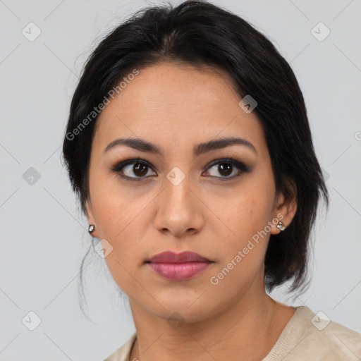 Neutral asian young-adult female with medium  brown hair and brown eyes