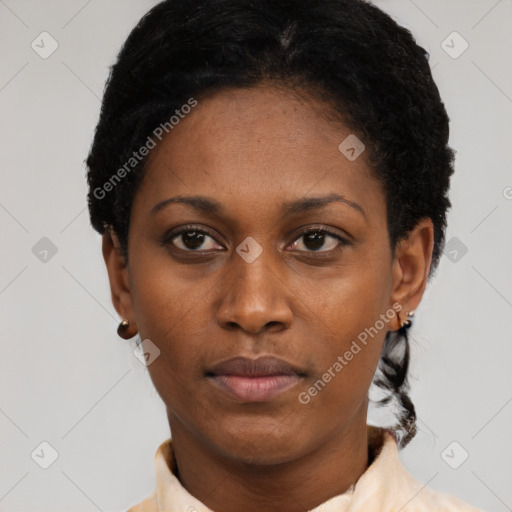 Neutral black young-adult female with short  black hair and brown eyes