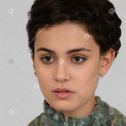 Neutral white young-adult female with medium  brown hair and brown eyes