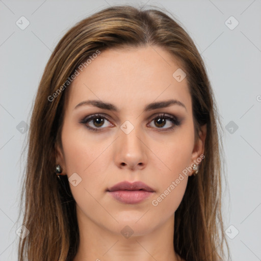 Neutral white young-adult female with long  brown hair and brown eyes