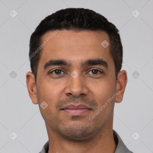 Neutral latino young-adult male with short  black hair and brown eyes