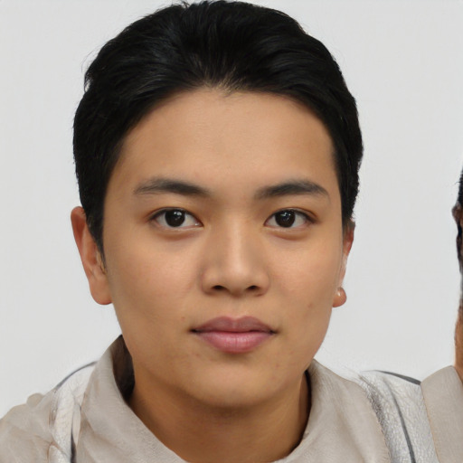 Neutral asian young-adult female with short  black hair and brown eyes