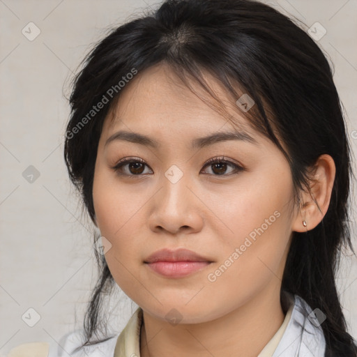 Neutral white young-adult female with medium  brown hair and brown eyes