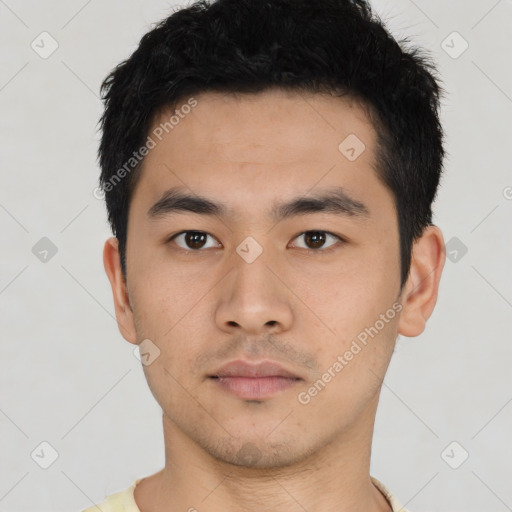 Neutral asian young-adult male with short  black hair and brown eyes