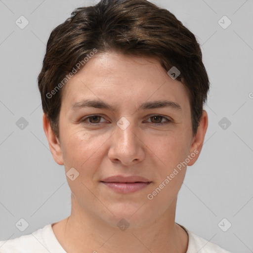 Joyful white young-adult female with short  brown hair and brown eyes