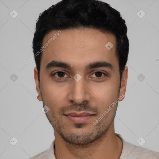 Neutral latino young-adult male with short  black hair and brown eyes