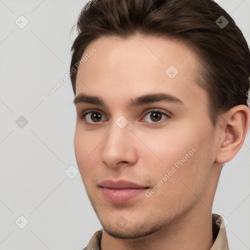 Neutral white young-adult male with short  brown hair and brown eyes