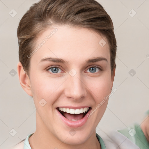 Joyful white young-adult female with short  brown hair and grey eyes