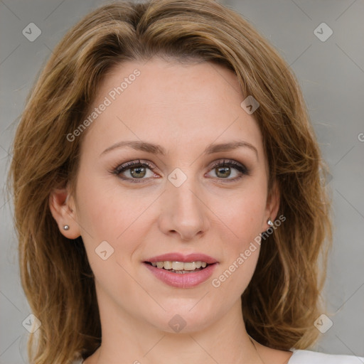 Joyful white young-adult female with medium  brown hair and green eyes