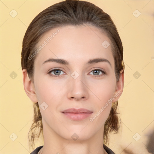 Neutral white young-adult female with medium  brown hair and brown eyes