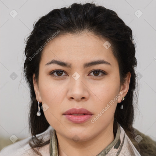 Joyful latino young-adult female with medium  brown hair and brown eyes