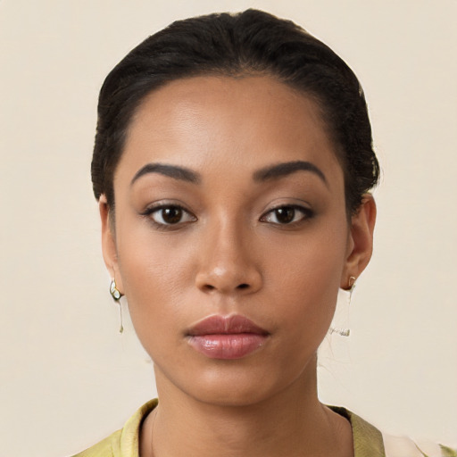 Neutral latino young-adult female with short  black hair and brown eyes