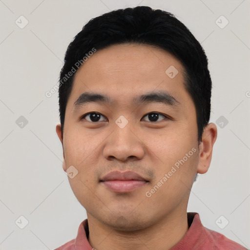 Neutral asian young-adult male with short  black hair and brown eyes