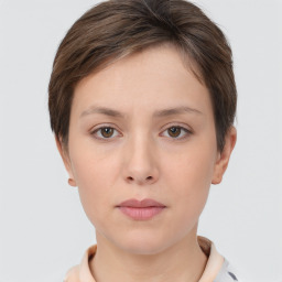 Neutral white young-adult female with short  brown hair and brown eyes