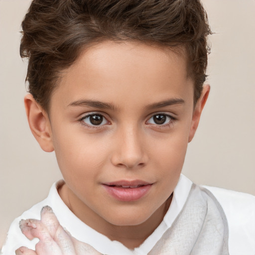 Joyful white child female with short  brown hair and brown eyes