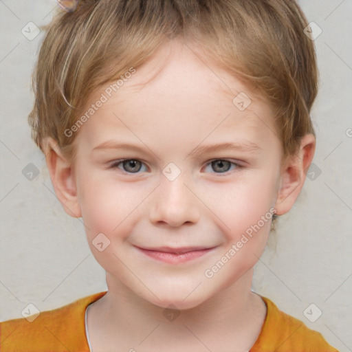 Joyful white child female with short  brown hair and brown eyes