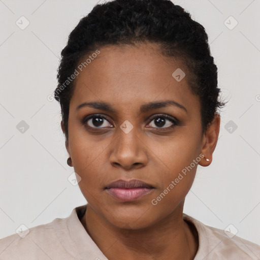 Neutral black young-adult female with short  black hair and brown eyes