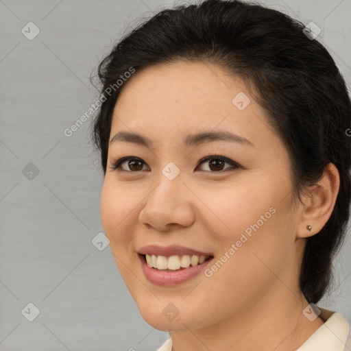 Joyful white young-adult female with medium  brown hair and brown eyes