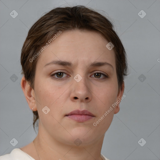 Neutral white young-adult female with short  brown hair and brown eyes