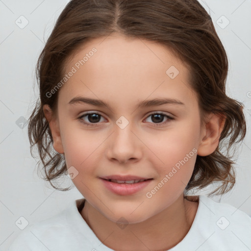 Joyful white child female with medium  brown hair and brown eyes