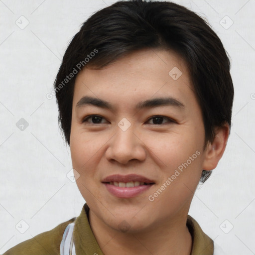 Joyful asian young-adult male with short  brown hair and brown eyes