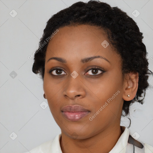 Neutral black young-adult female with short  black hair and brown eyes