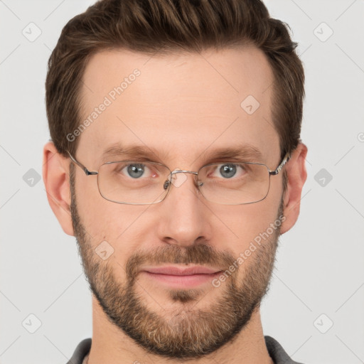 Joyful white adult male with short  brown hair and grey eyes