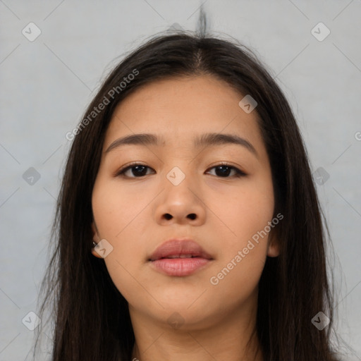 Neutral asian young-adult female with long  brown hair and brown eyes