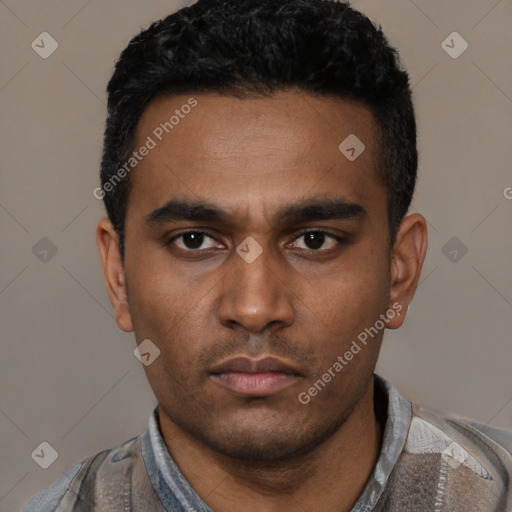 Neutral latino young-adult male with short  black hair and brown eyes