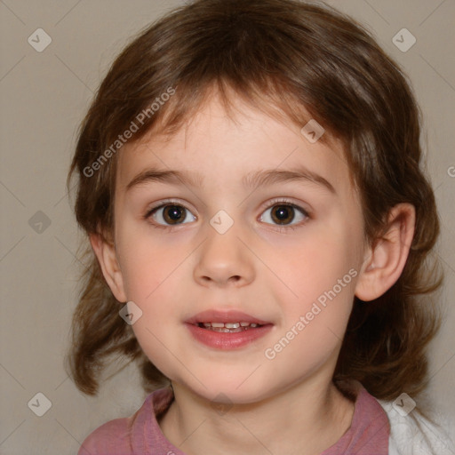 Joyful white child female with medium  brown hair and brown eyes