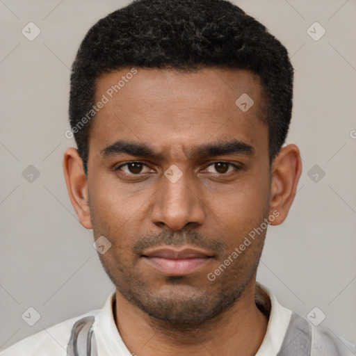Neutral latino young-adult male with short  black hair and brown eyes