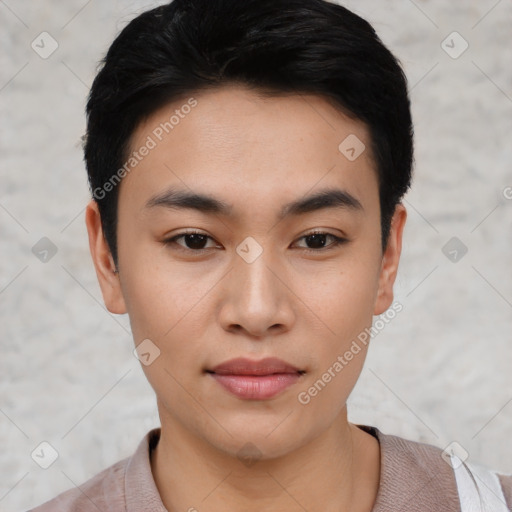 Joyful asian young-adult male with short  black hair and brown eyes