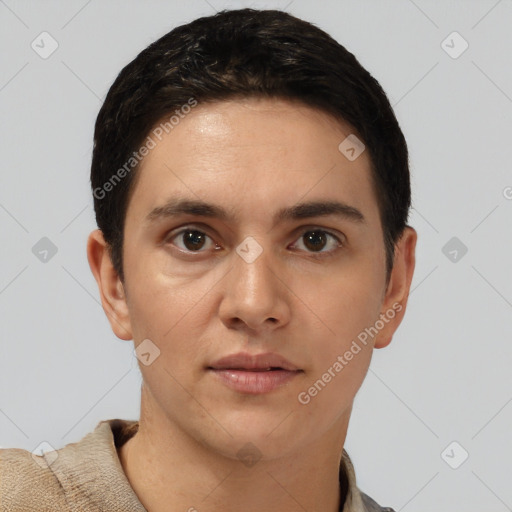 Neutral white young-adult male with short  brown hair and brown eyes