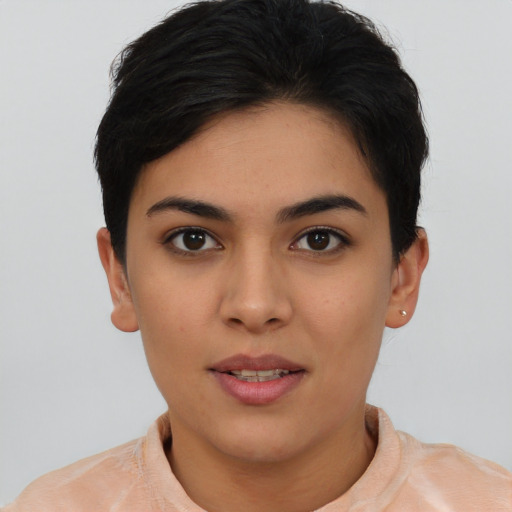 Joyful asian young-adult female with short  black hair and brown eyes