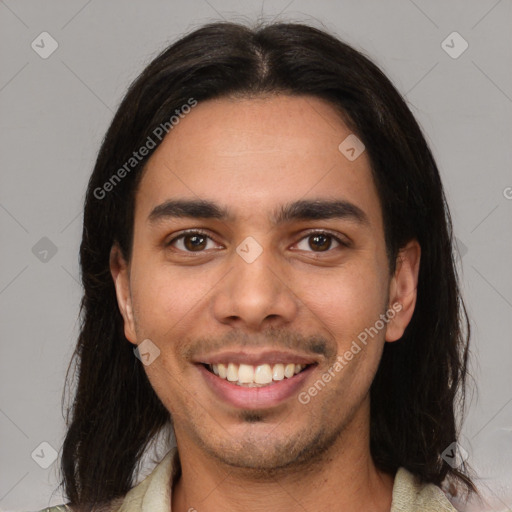 Joyful white young-adult male with medium  brown hair and brown eyes