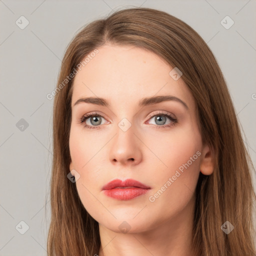 Neutral white young-adult female with long  brown hair and grey eyes