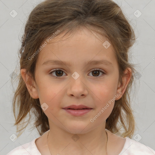 Joyful white child female with medium  brown hair and brown eyes