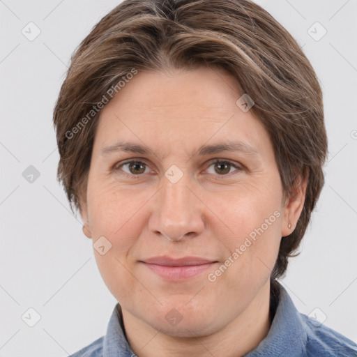 Joyful white adult female with medium  brown hair and grey eyes