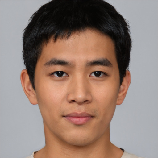 Neutral asian young-adult male with short  black hair and brown eyes